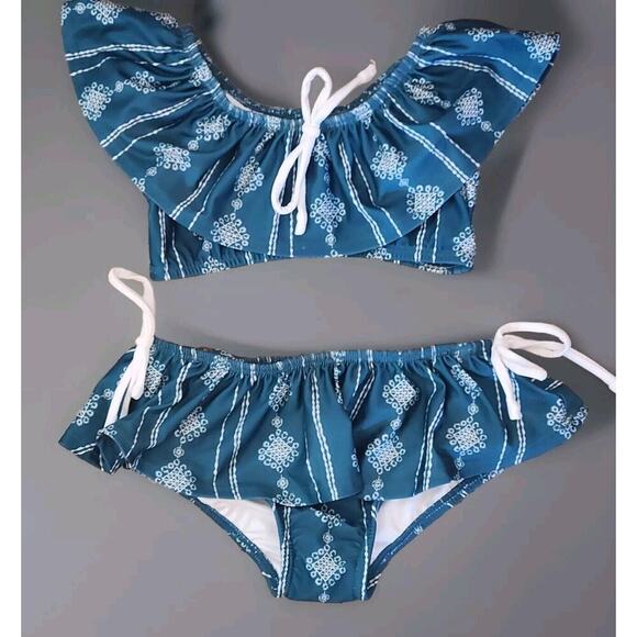 Well Dressed Wolf Wildling ruffle Blue Green 2 piece Bikini size 3 years Boho